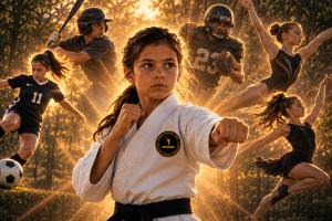 Young martial artist practicing karate with soccer, baseball, football, gymnastics, and dance athletes in the background.